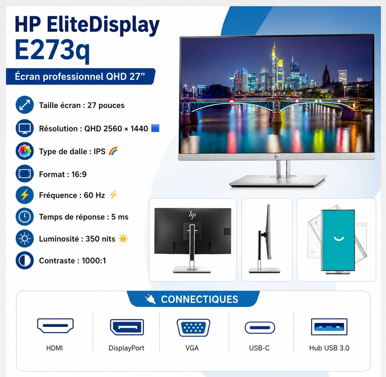 HP EliteDisplay E273q – Moniteur 27" Quad HD 2560x1440 Reconditionné 2K