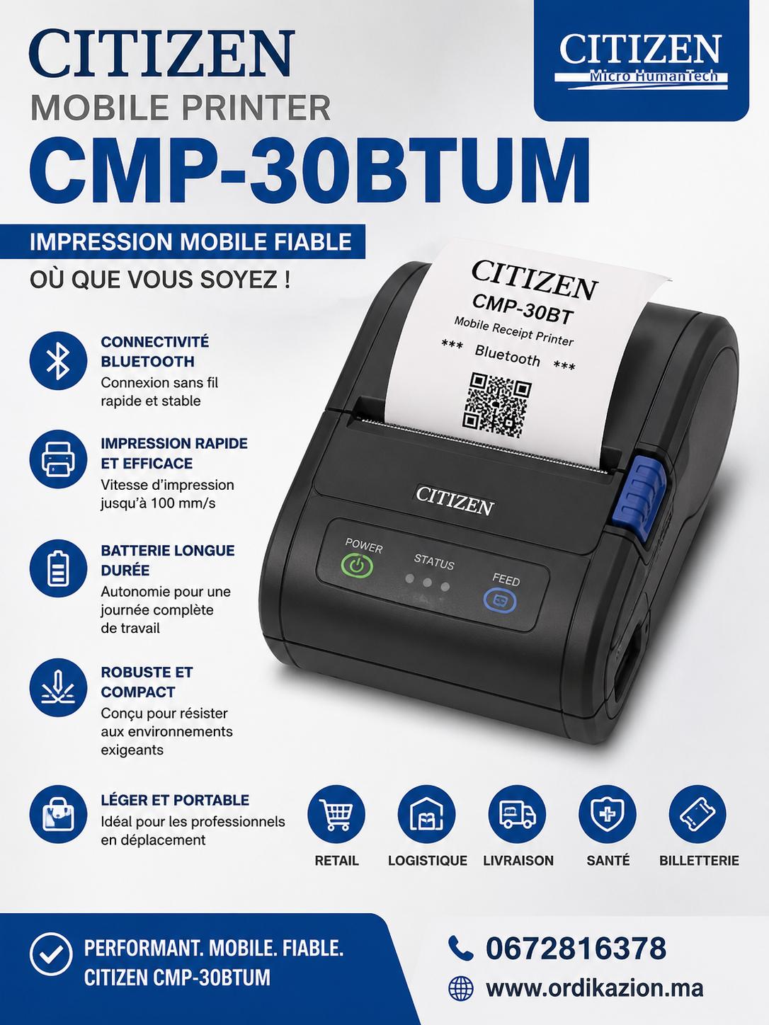 Imprimante Mobile Citizen CMP-30BTUM – Thermique Bluetooth 80 mm