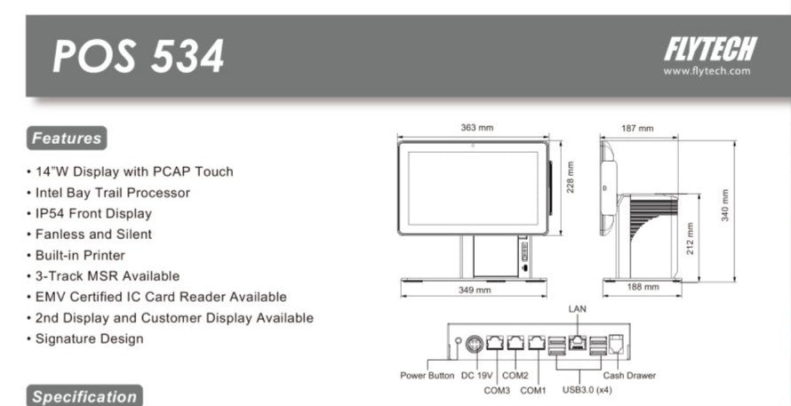 Caisse Tactile Agilysys 14" | J1900 | 8Go RAM | SSD 128Go | Imprimante Intégrée|WIN7 ET 10