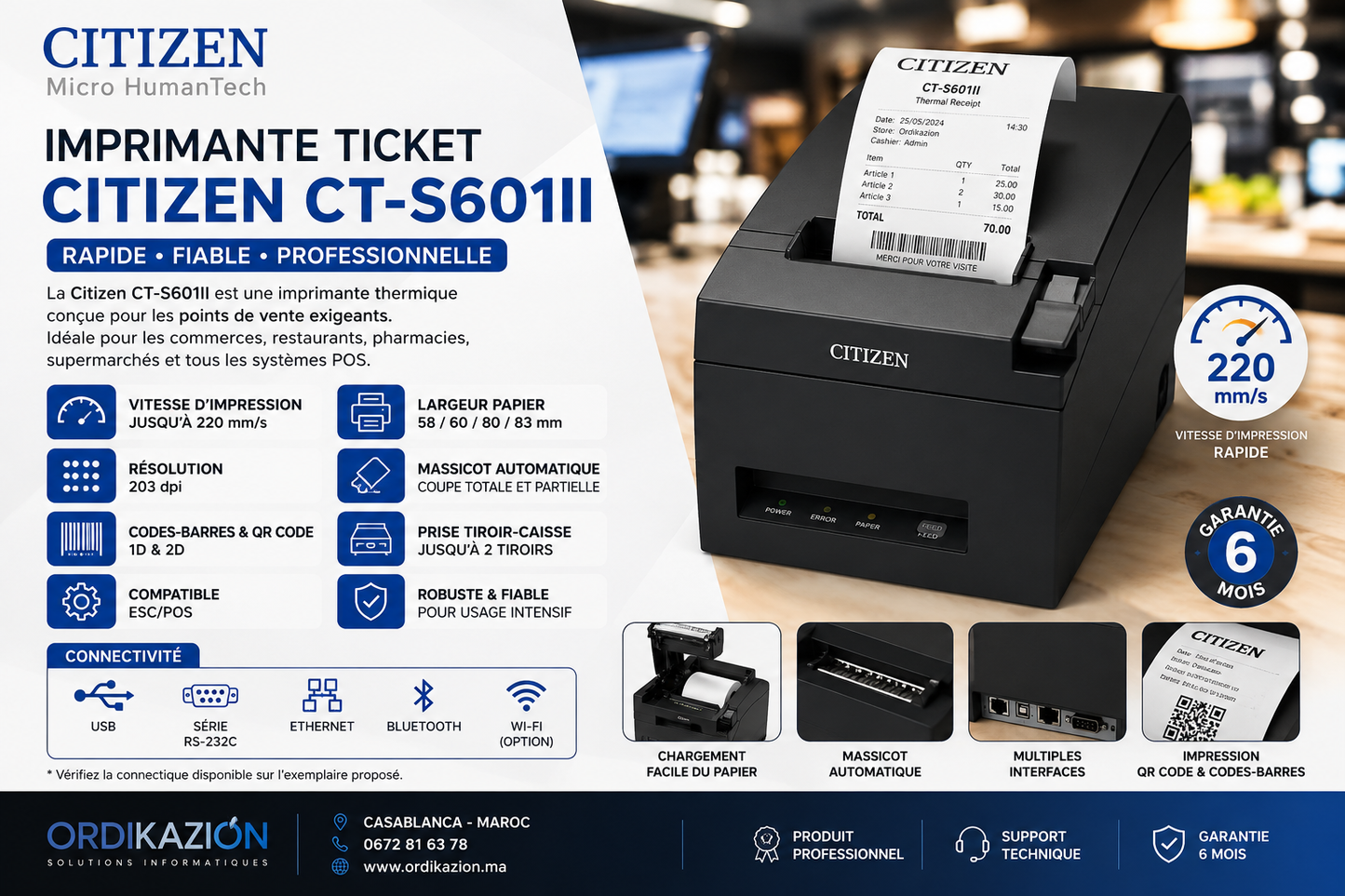 Imprimante Ticket Thermique Citizen CT-S601 – 80 mm – Rapide & Professionnelle