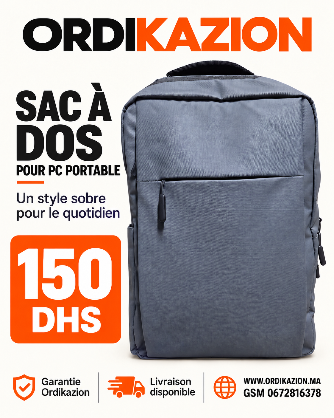 Sac à dos gris pour PC portable – 150 DHS | ORDIKAZION