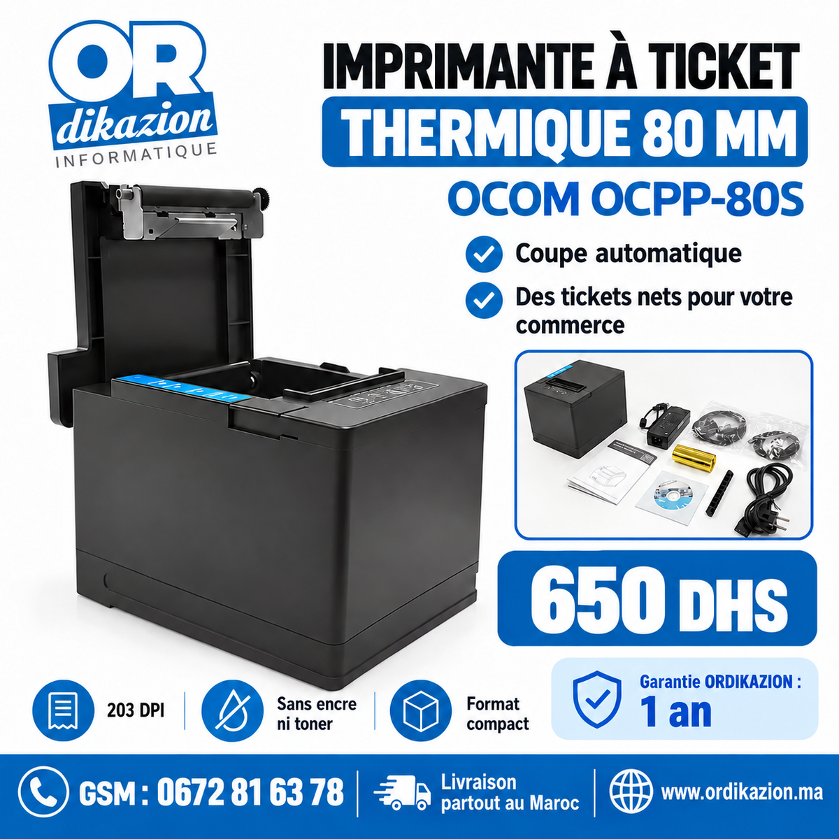 Imprimante à ticket thermique 80 mm OCOM OCPP-80S avec coupe automatique