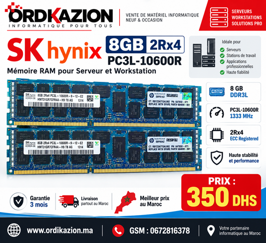 RAM SK hynix 8GB DDR3L ECC Registered 2Rx4 PC3L-10600R 1333MHz – Serveur & Workstation