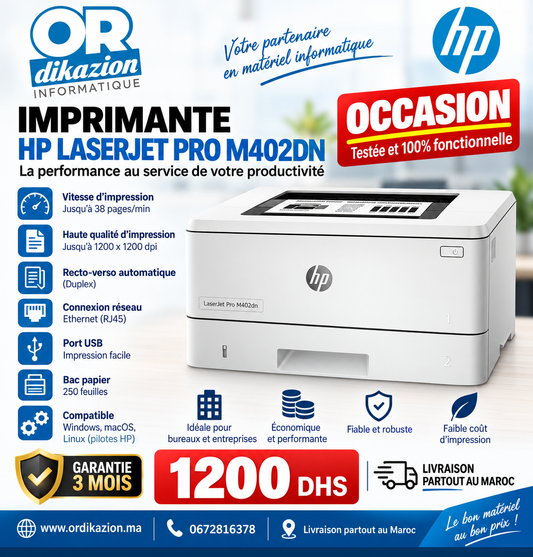 HP LaserJet Pro M402dn Occasion – Imprimante Laser Recto-Verso Réseau | Maroc