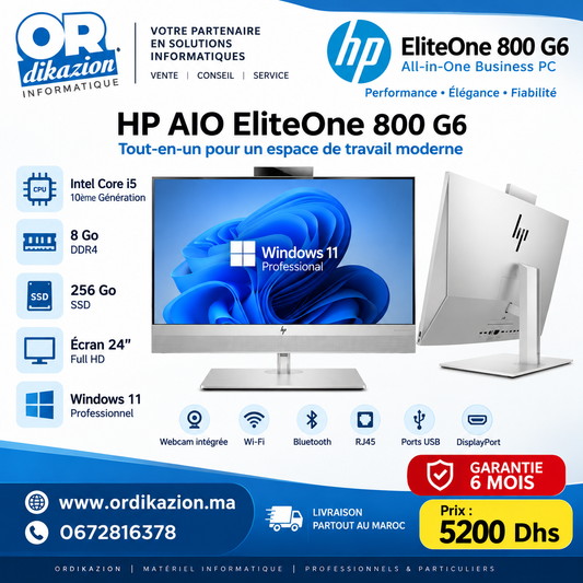 HP EliteOne 800 G6 AIO 24″ – Core i5 10ème Génération | 8Go DDR4 | SSD 256Go | Occasion Maroc