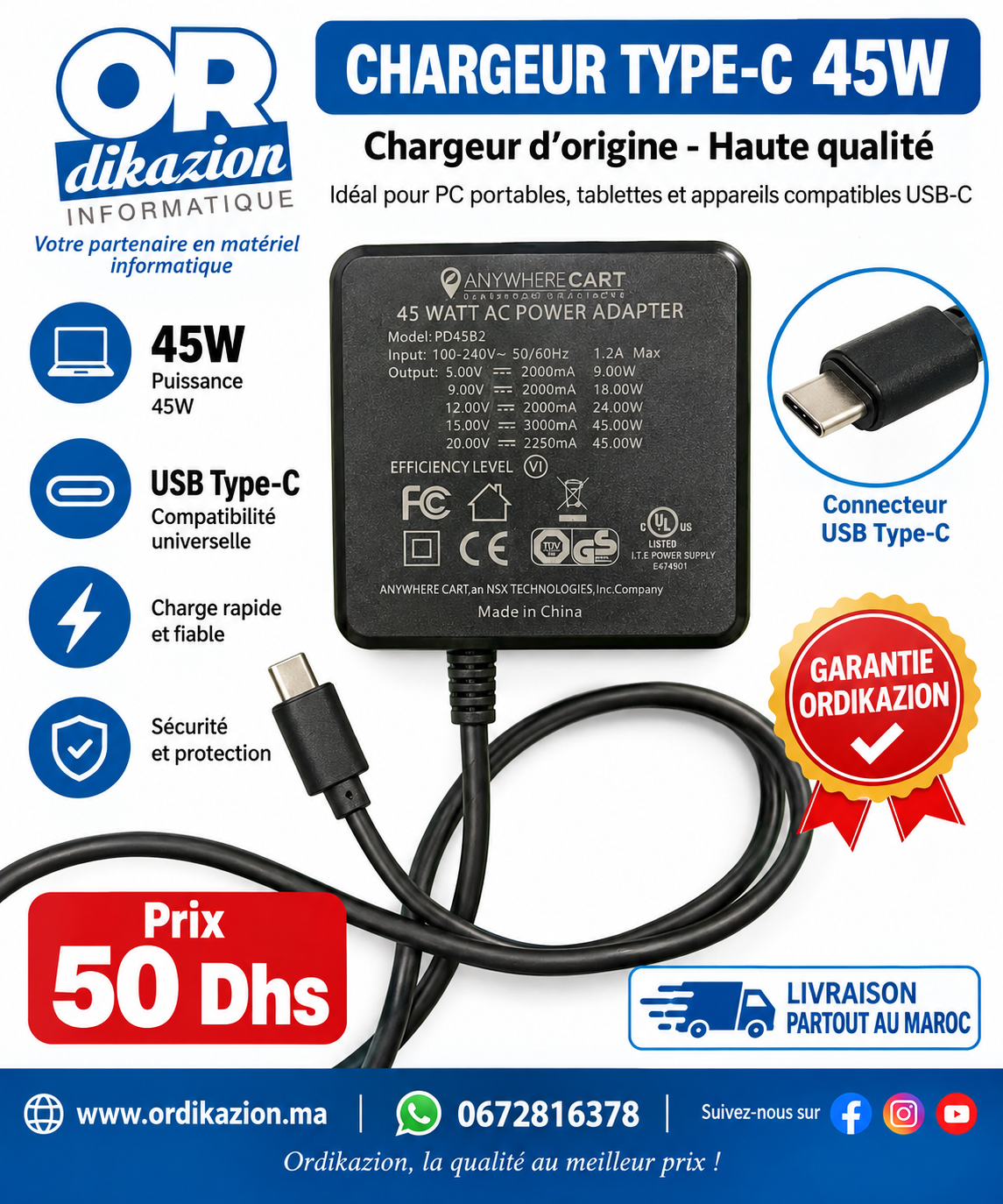 Chargeur USB Type-C 45W d'origine pour PC portable