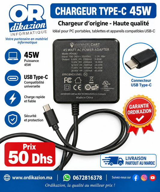 Chargeur USB Type-C 45W d'origine pour PC portable