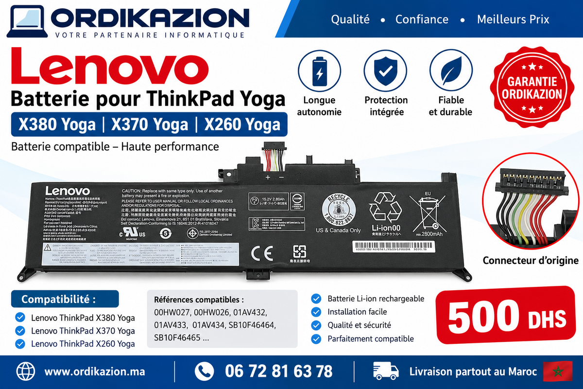 Batterie Lenovo ThinkPad X380 Yoga / X370 Yoga / 260 Yoga – Original – 500 DH