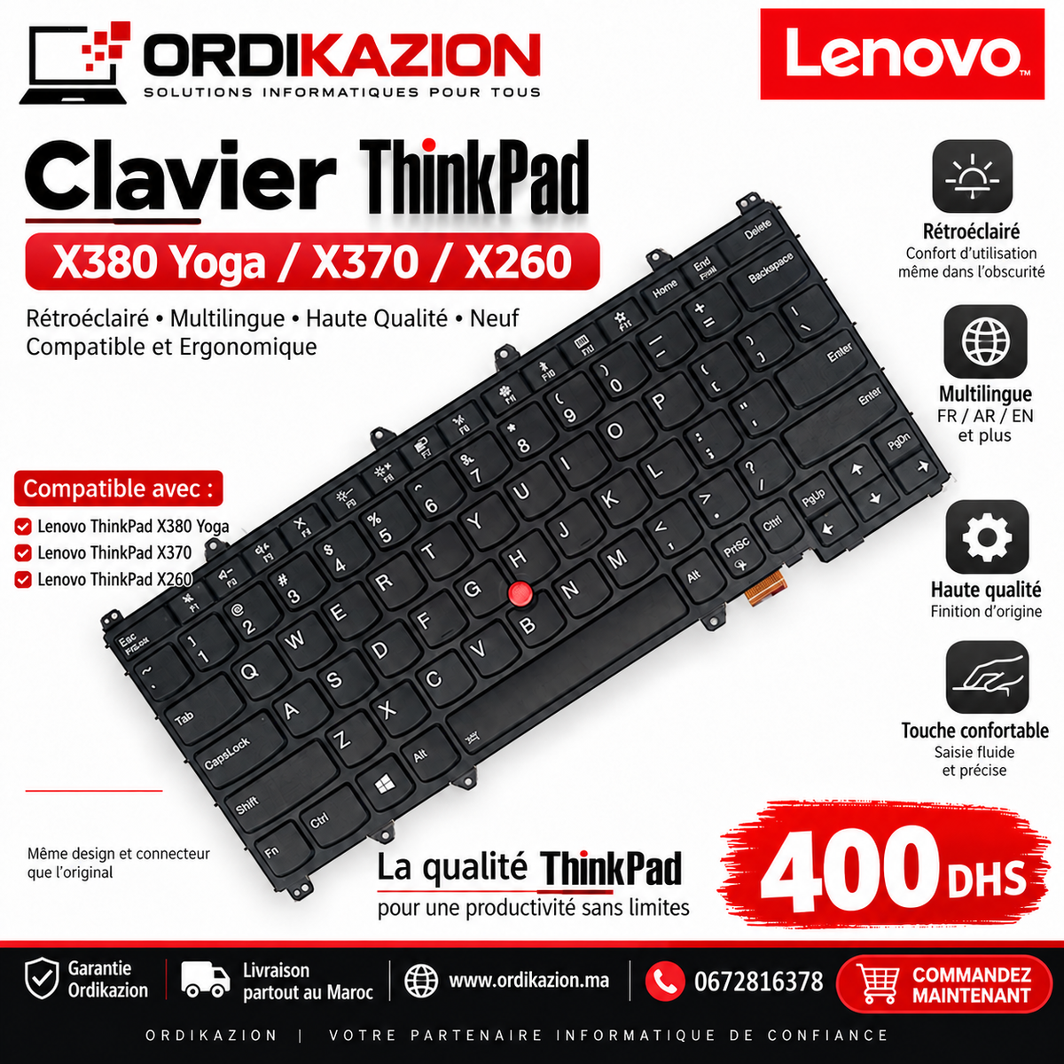 Clavier Lenovo ThinkPad X380 Yoga / X370 / X260 rétroéclairé – Neuf