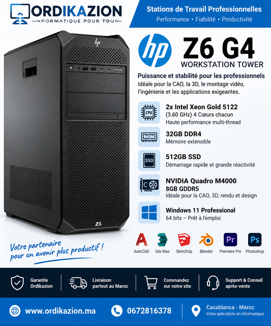 HP Z6 G4 Workstation – 2x Xeon Gold 5122 | 32Go RAM | SSD 512Go | Quadro M4000 8Go