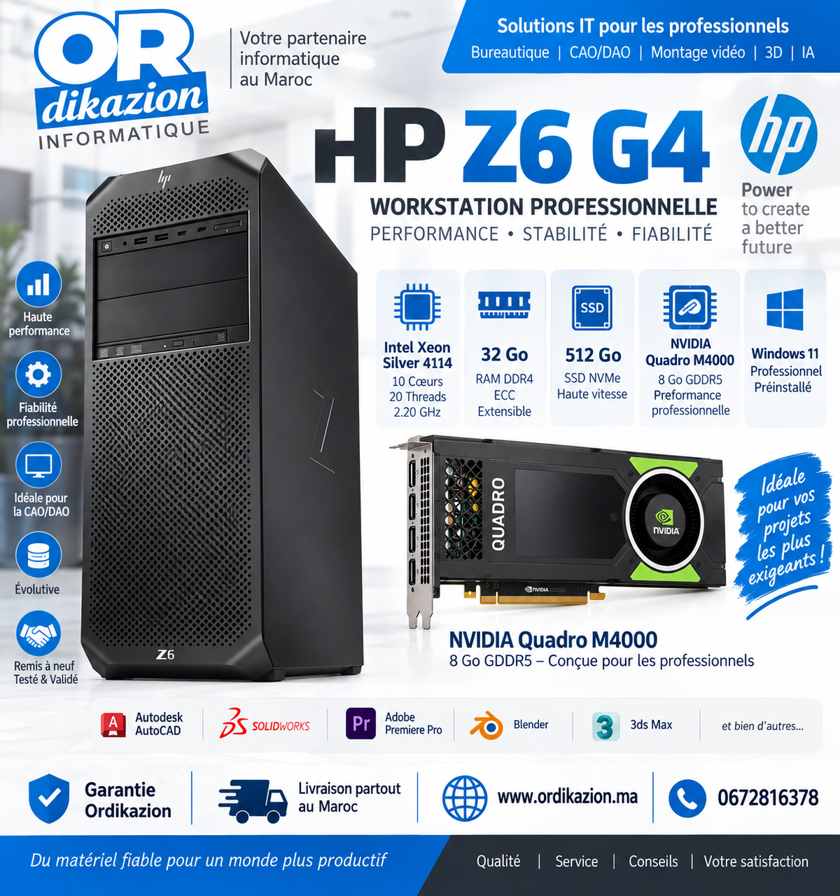 HP Z6 G4 Workstation – Xeon Silver 4114 | 32 Go RAM | SSD 512 Go | NVIDIA Quadro M4000 8 Go | Reconditionné
