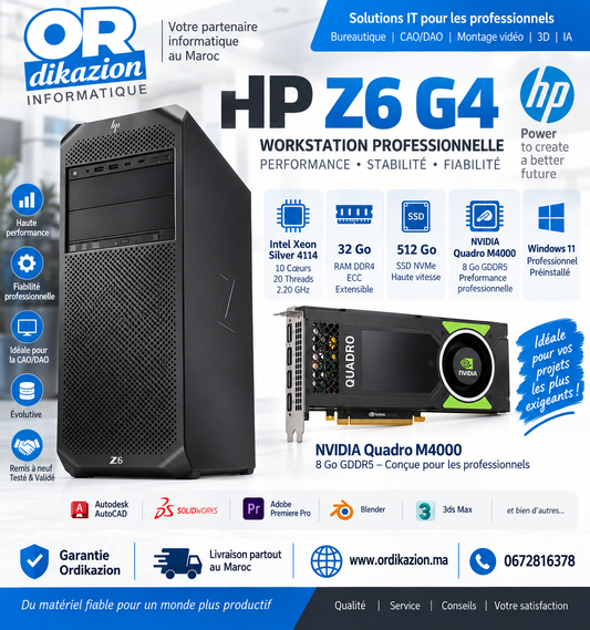 HP Z6 G4 Workstation – Xeon Silver 4114 | 32 Go RAM | SSD 512 Go | NVIDIA Quadro M4000 8 Go | Reconditionné