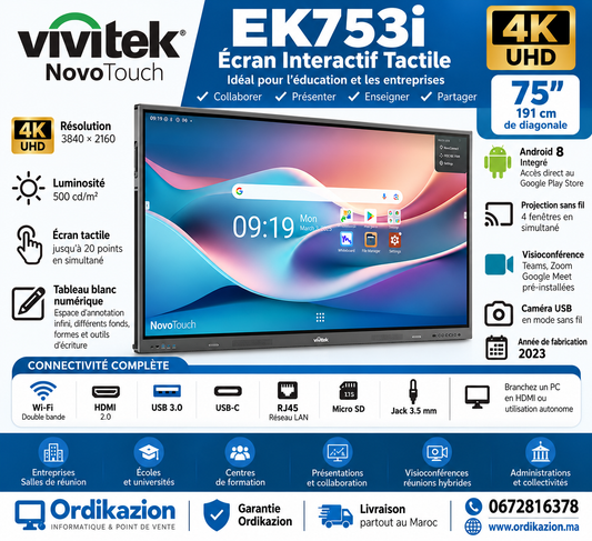 Vivitek NovoTouch EK753i 75" – Écran Interactif Tactile 4K UHD Wi-Fi & Visioconférence