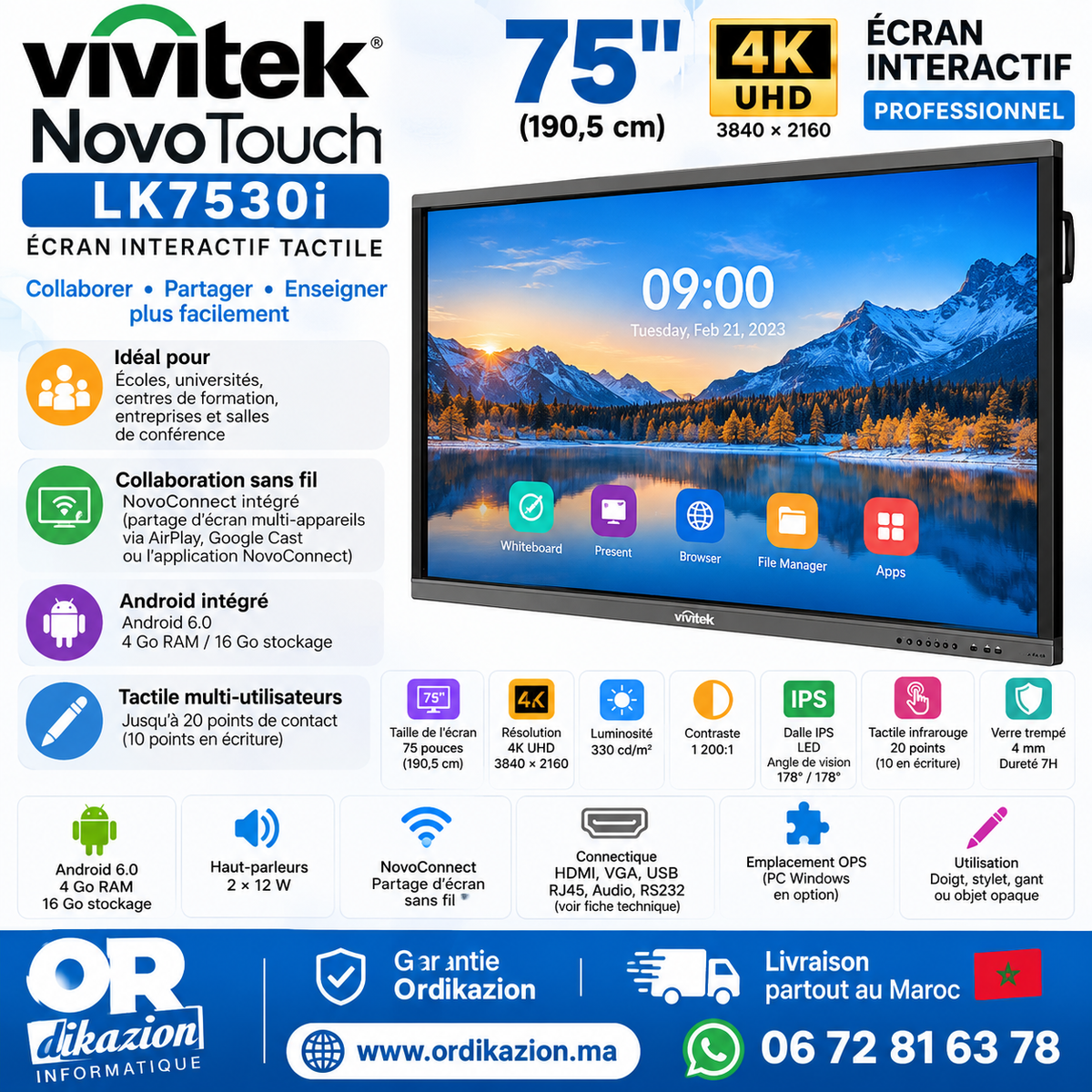 Vivitek NovoTouch LK7530i – Écran interactif tactile 75" 4K UHD – 20 points – Android – NovoConnect