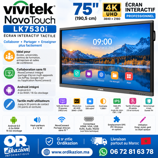 Vivitek NovoTouch LK7530i – Écran interactif tactile 75" 4K UHD – 20 points – Android – NovoConnect
