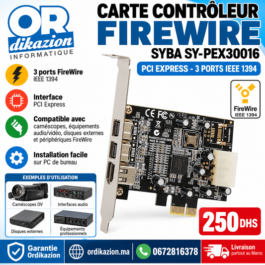 Carte contrôleur FireWire SYBA SY-PEX30016 PCI Express – 3 ports IEEE 1394