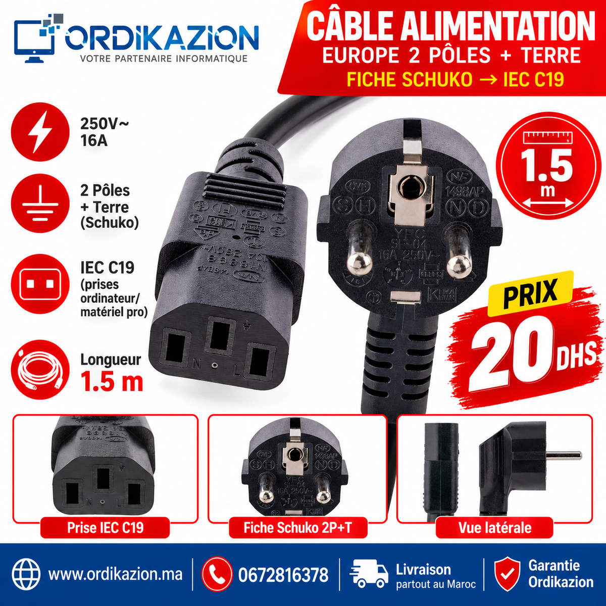 Câble d'alimentation pour PC, moniteur et onduleur (1.5 m)