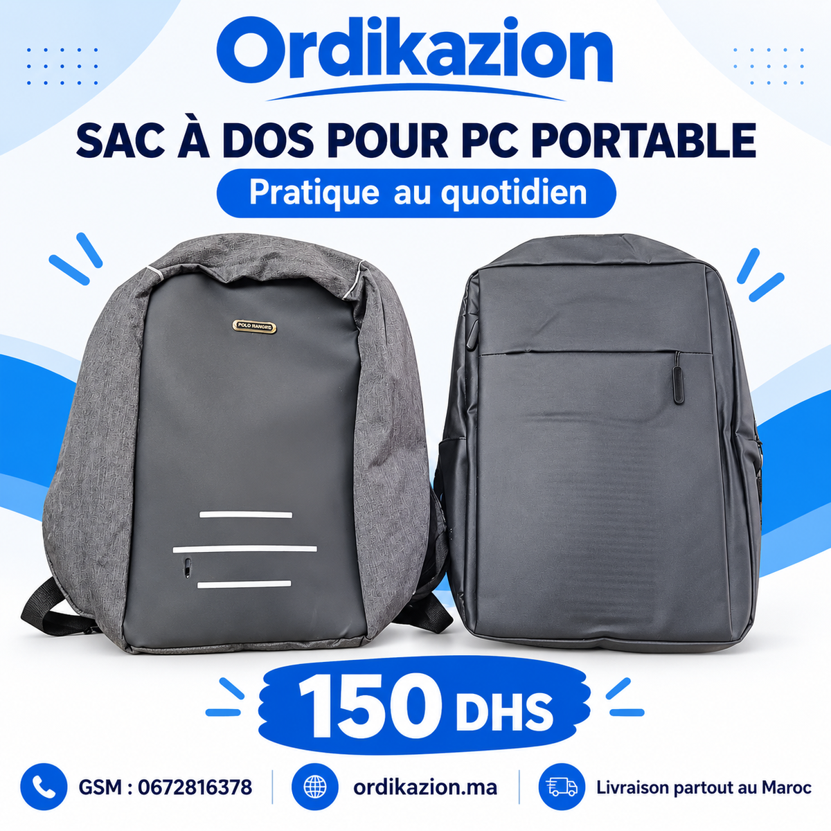 Sac à dos gris pour PC portable – 150 DHS | ORDIKAZION