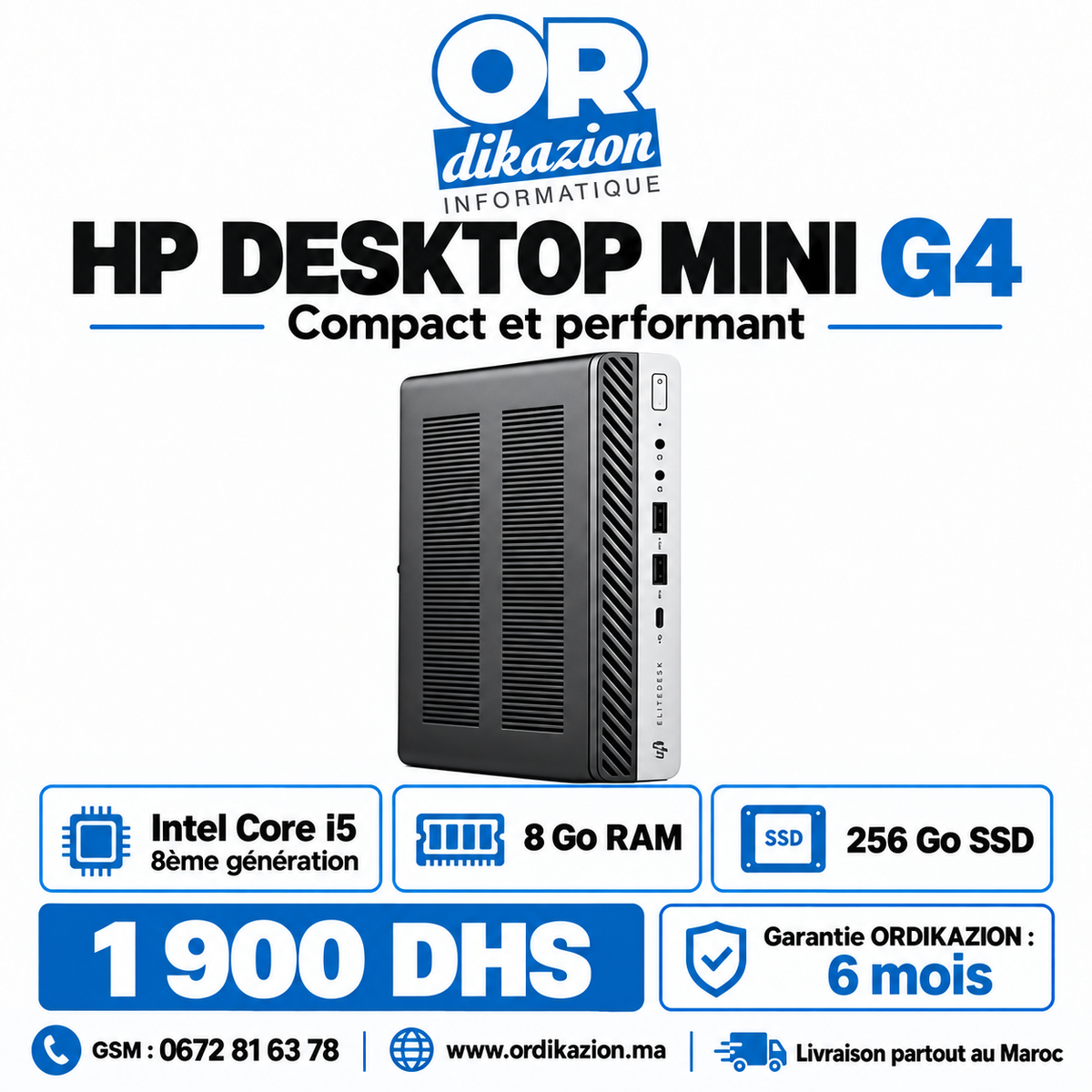 Pc bureau HP  Mini G4 reconditionné | Core i5 8e génération, 8 Go RAM, SSD 256 Go