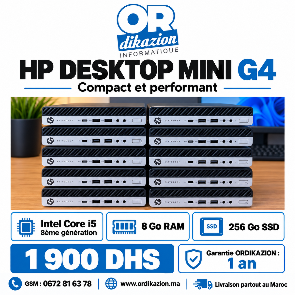 Pc bureau HP  Mini G4 reconditionné | Core i5 8e génération, 8 Go RAM, SSD 256 Go