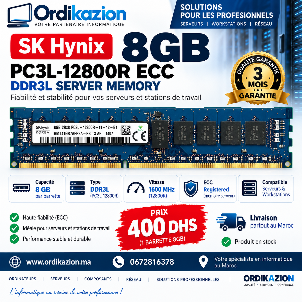 SK Hynix 8GB DDR3L PC3L-12800R ECC Registered 1600MHz – RAM Serveur / Workstation
