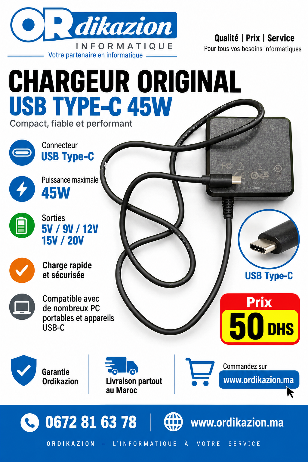 Chargeur USB Type-C 45W d'origine pour PC portable