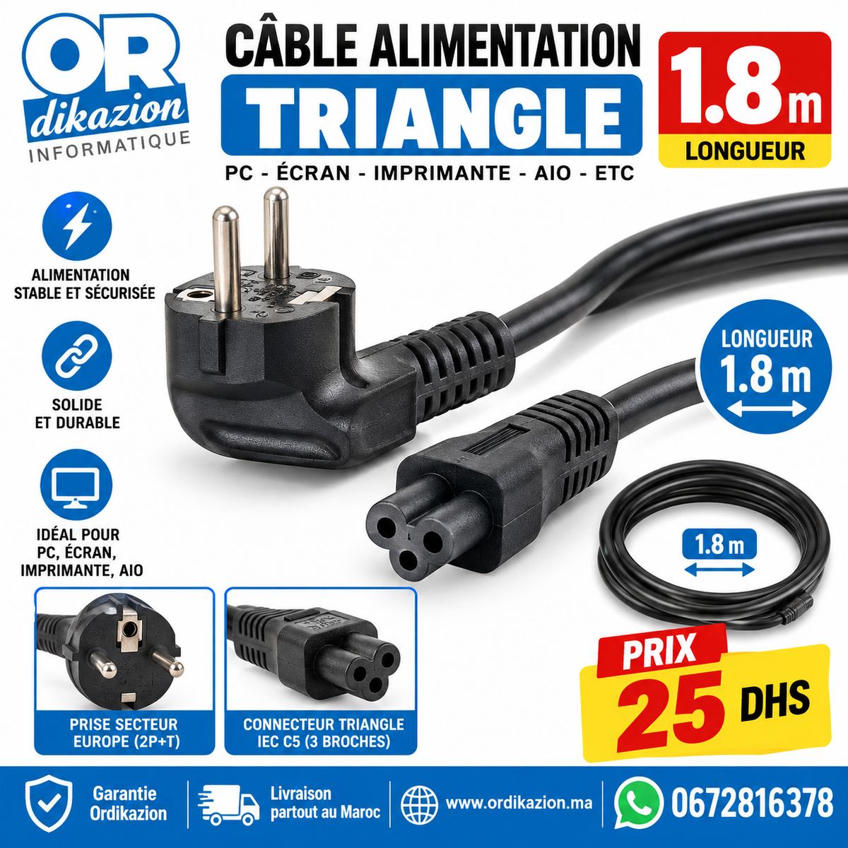 Câble d’alimentation Triangle  1,8 m  Ordikazion Maroc