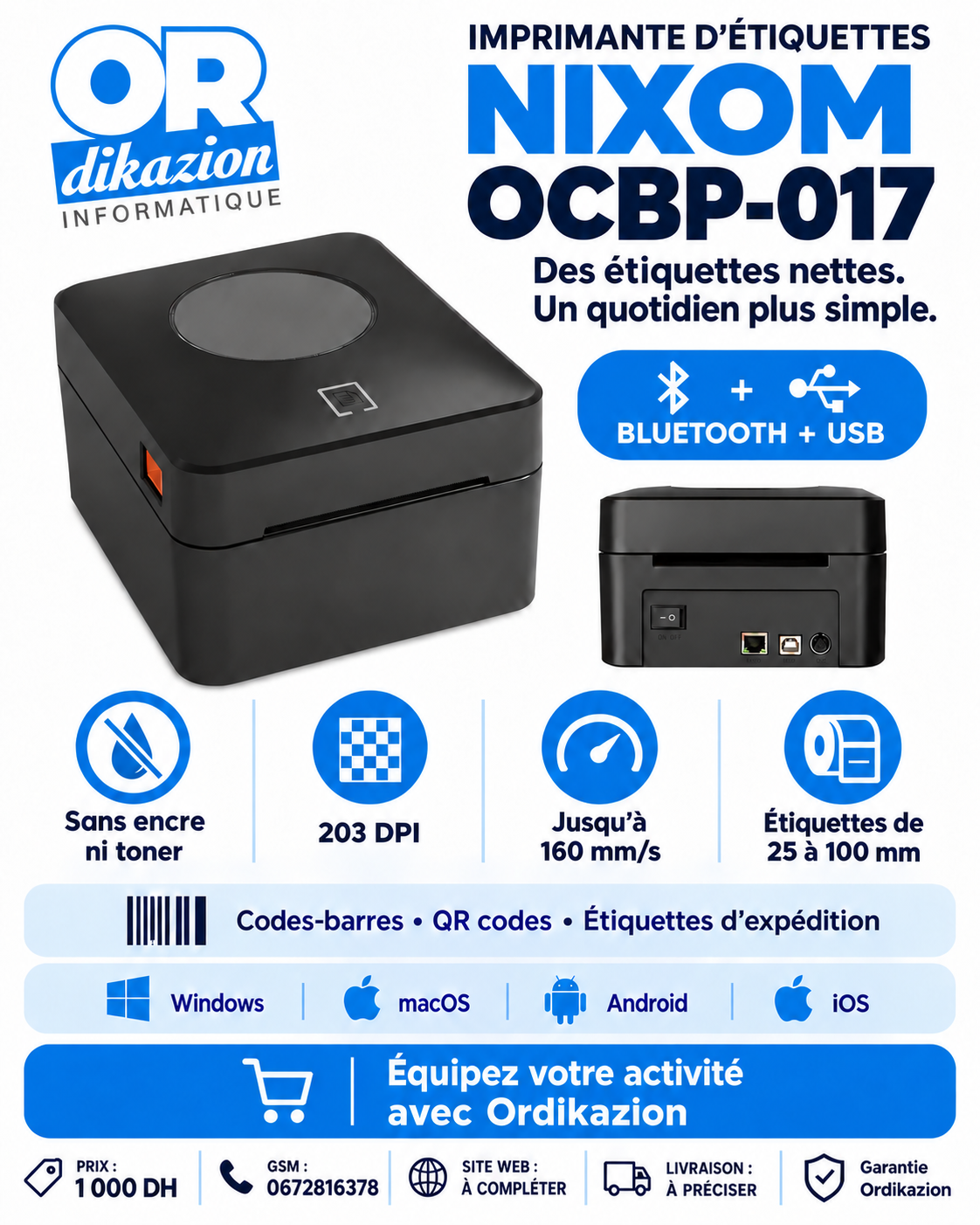 Imprimante d’étiquettes thermique NIXOM OCBP-017 Bluetooth + USB