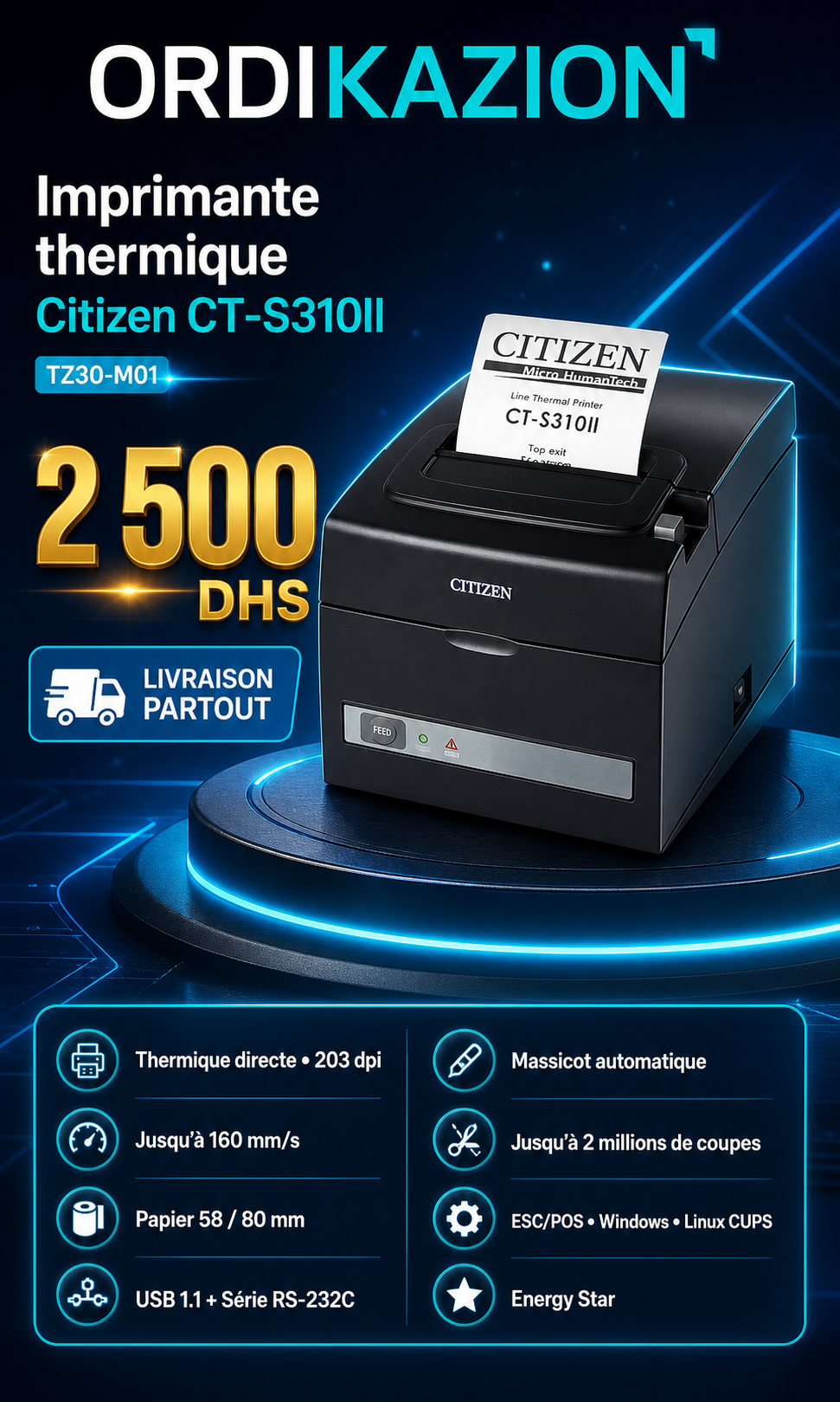 Citizen CT-S310II – Imprimante Ticket Thermique Pro, Rapide et Fiable