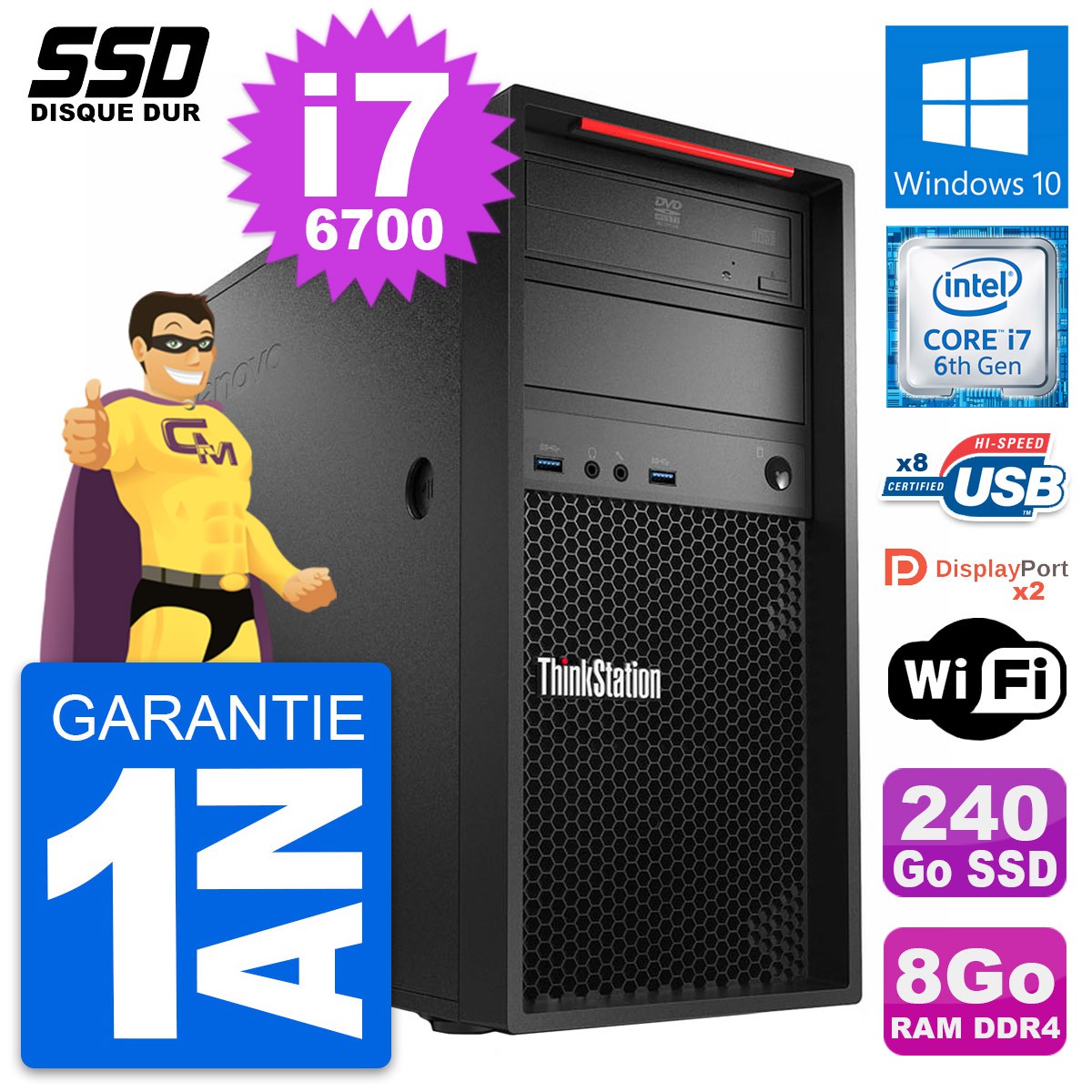 PC Reconditionné Lenovo ThinkStation P310 | Intel Core i7 (6e gén) | 8 Go RAM | 256 Go SSD | Windows 10 Pro